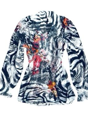 Vtg 00s Animal Zebra Floral Print Sheer Blouse Top